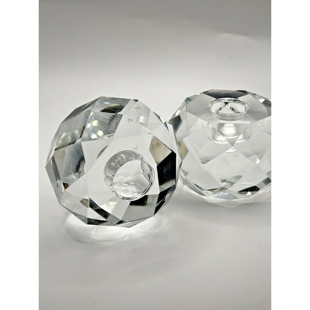 Vintage Crystal Faceted Candlestick Holders (2) Made In Japan Hollywood Glamour